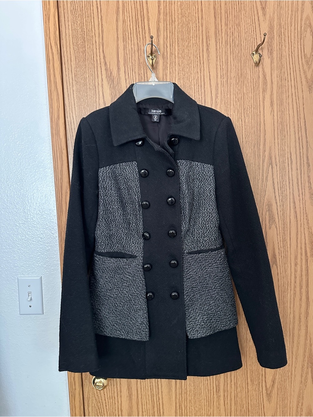 kensie Black Peacoat with Gray Textured Panels
